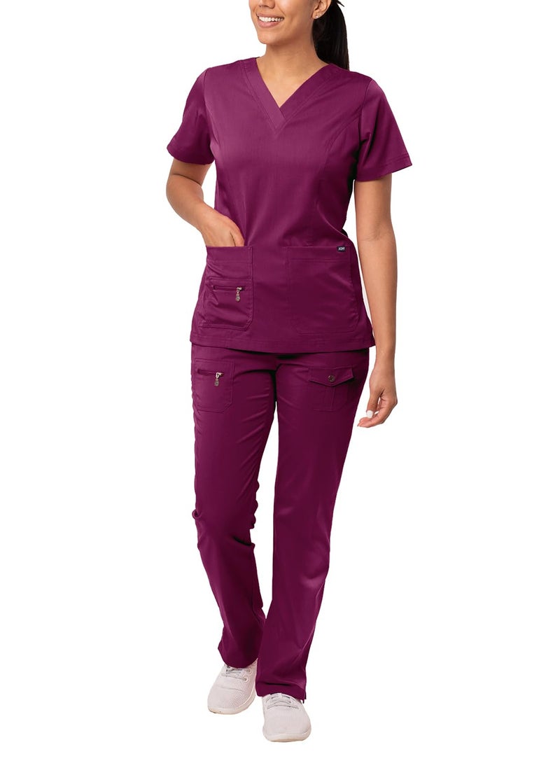 Adar Uniforms Adar Pro Scrubs Set for Women - Stretch Enhanced V-Neck Scrub Top & Slim Fit Scrub Pants, 9 Pockets - 4400 - Wine - L - Image 1